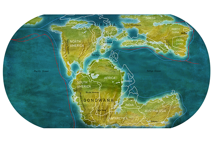 Illustrated prehistoric world map created for a Bonnier Publishing atlas