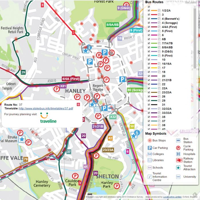 Stoke-on-Trent bus network map with routes and stops