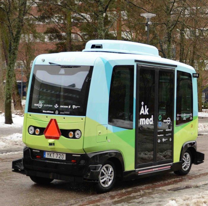 Driverless bus operating on a public road in Stockholm